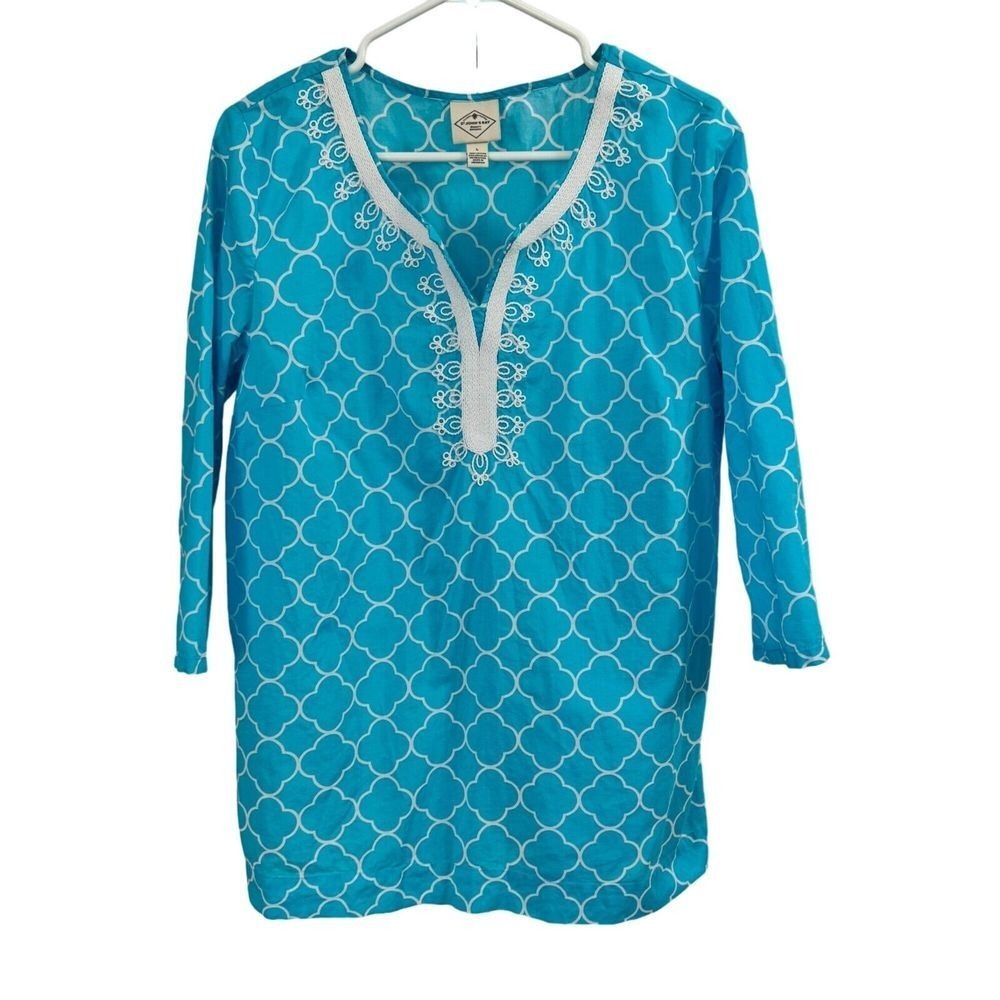 St Johns Bay Tunic Blouse Womens L Blue Geo Print Embroidery Boho Split Neck